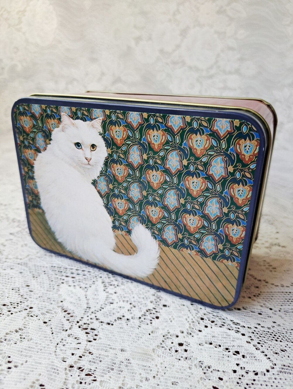 Vintage 80s Hallmark Springbok Cosmopolitan Cat Tin Metal Storage Box with Lid